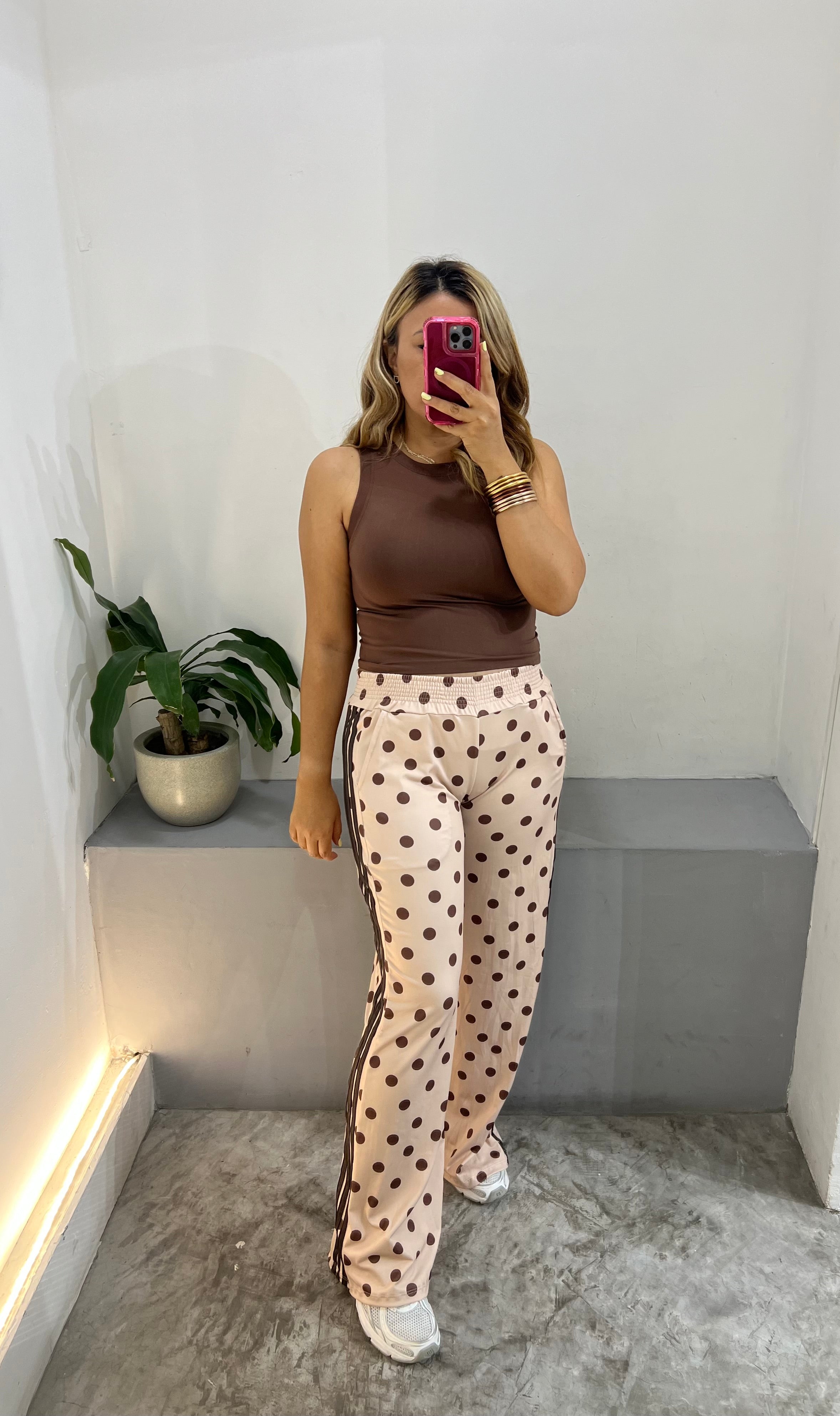 Pants Beige con Estampado Polka Dots Café y Rayas Laterales